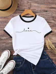 INAWLY Letter And Heart Print Ringer Tee Graphic Tees Women Tops - White - View 1