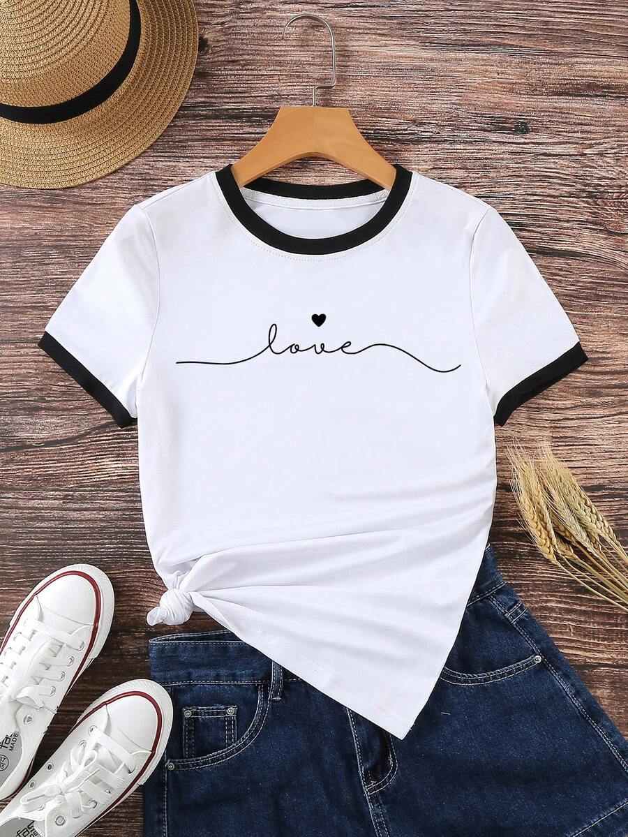 INAWLY Letter And Heart Print Ringer Tee Graphic Tees Women Tops - White - View 1