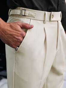 Manfinity Mode Men's Solid Color Pleated Straight Leg Casual Formal Pants With Pockets, Fall - Apricot - View 5