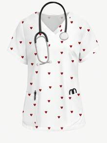 PopScrub 女士V领短袖红色爱心印花制服上衣，春夏时尚单品 - 白色 - 查看 1