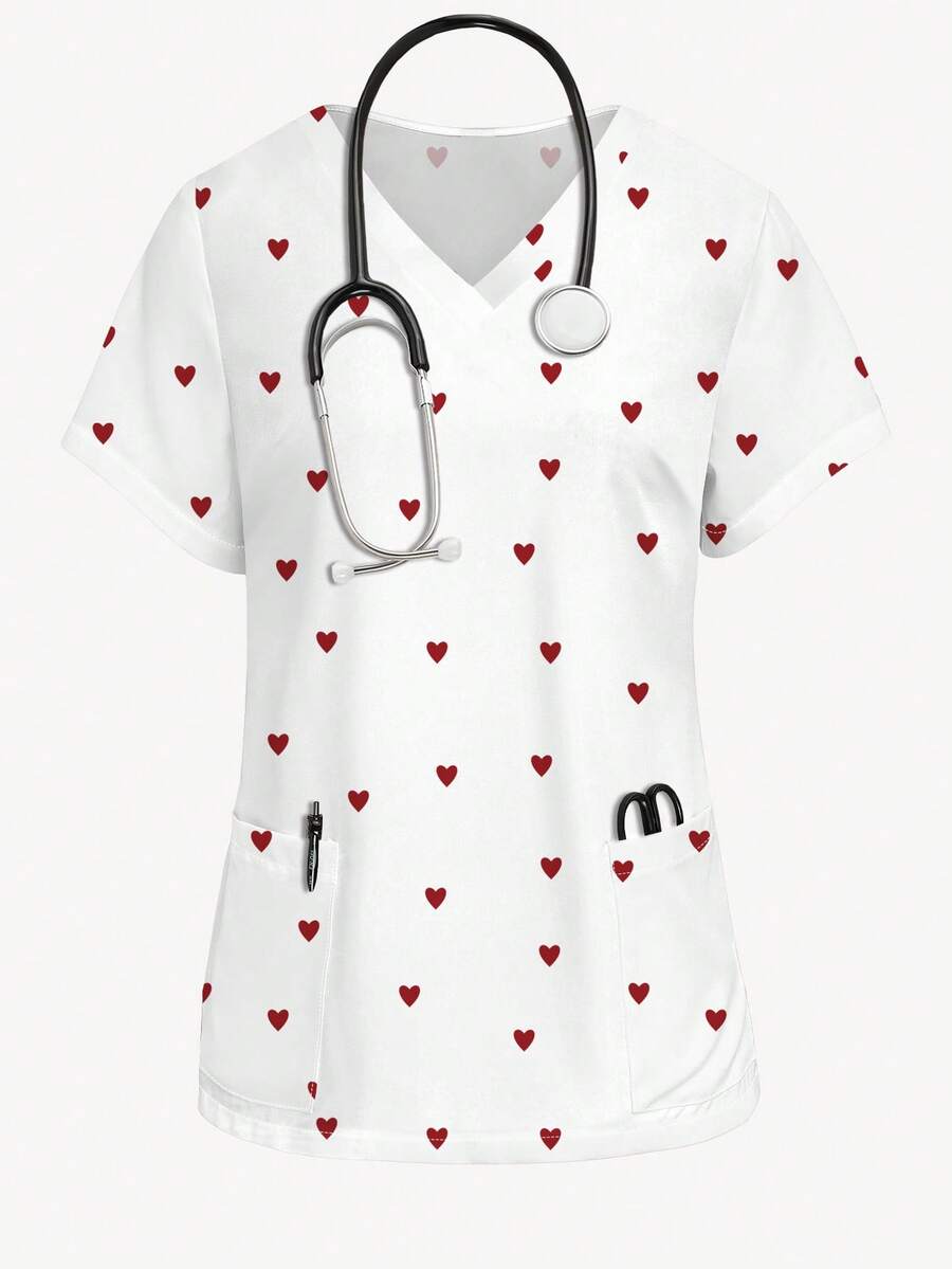 PopScrub 女士V领短袖红色爱心印花制服上衣,春夏时尚单品 - 白色 - 查看 1