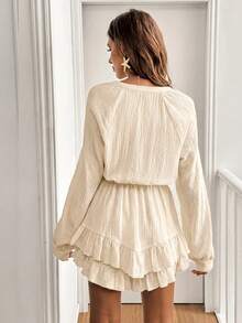 Serisse Women's Solid Color Lace-Up Long Sleeve Ruffle Summer Loose Comfortable Jumpsuit - Apricot - View 2
