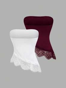 Conjunto de 2 piezas de top camisola minimalista con borde de encaje, asimétrico y sin tirantes, de seda de leche suave, elegante para el trabajo y uso diario, para primavera/verano - Multicolor - Ver 2