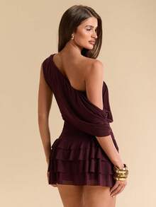SHEIN BAE Spring/Summer Solid Purple One-Shoulder Asymmetric Draped Waist Multi-Layer Ruffle Short Mini Dress Sexy Hot Girl Date Party Dress - Purple - View 2