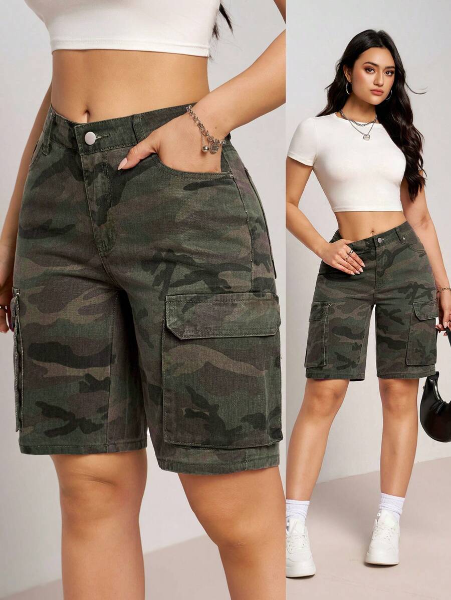 SHEIN Tall Shorts de mezclilla de cintura alta con bolsillos casuales para mujeres altas - Multicolor - Ver 1