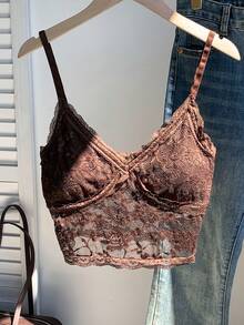 Comfortcana 棕色蕾丝拼接休闲女式背心 - 棕色 - 查看 6