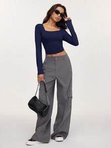 SHEIN BASICS 3 buc. tricou scurt pentru femei, din tricot, cu mânecă lungă, croială slim fit, guler pătrat, culoare uni - Multicolor - Vizualizare 6