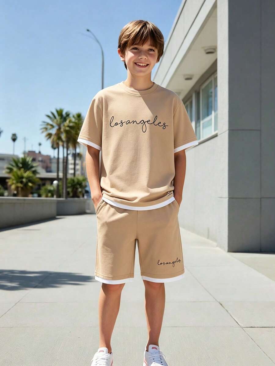 2pcs/Set Teen Boys Casual Slogan Print Patchwork Short Sleeve Crew Neck T-Shirt & Shorts Set, Comfortable And Fashionable, Suitable For Daily, Commuting And Travel Occasions - Khaki - View 1