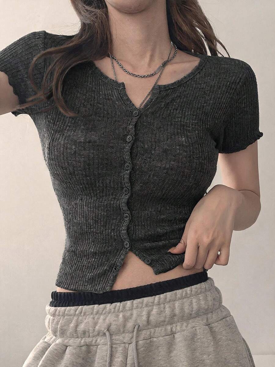 DAZY 女款修身短版長袖羅紋T恤 夏季 - 灰色 - 查看 1