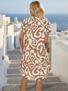 EMERY ROSE Women's Simple Boho Print Short Sleeve Dress Vacation Off-White Summer - Khaki - View 2
