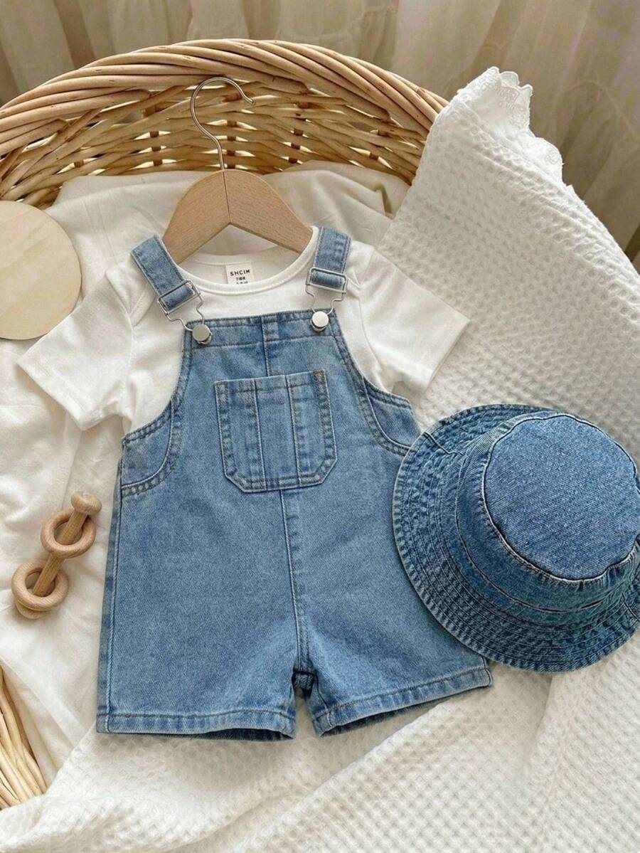 Baby Boy Loose Fit Blue Denim Bib Shorts - Medium Wash - View 1