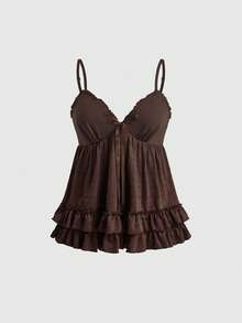 ROMWE Tank Top Wanita Model A-Line Berlapis Ruffle Warna Cokelat Gaya Boneka Kawaii - Coklat - View 11