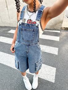 SHEIN 青少年女孩Y2K休閒純色水洗翻蓋口袋吊帶背帶牛仔褲工裝連身褲不含背心，青少年女孩開學穿搭服飾 - 中等水洗藍 - 查看 6