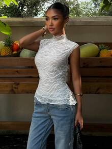 Muchica Tank Top Wanita Renda Putih Modis Musim Panas - Putih - View 3
