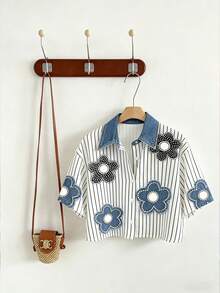 Resyla Cropped Women's Floral Applique Striped Pattern Short Sleeve Shirt - Multicolor - View 5