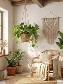1PC Jute Rope Hanging Plant Basket Indoor Outdoor Macrame Plant Holder Wall Mount Flower Pot Stand Garden Decor Hanger Natural Boho Planter Shelf Storage - flat bottom - View 3
