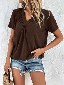 SHEIN LUNE Camiseta de manga corta de unicolor versátil y casual de verano - Café integral - Ver 5