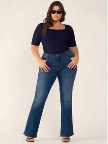 SHEIN BASICS Plus Size Summer Casual Modest Conservative Versatile Solid Color Short Sleeve T-Shirt Date Night Brunch Vacation Navy Blue Office Rodeo - Navy Blue - View 4