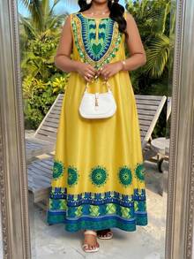 SHEIN Lady CURVE Plus Size Women's Yellow Sleeveless Bohemian Maxi Dress With Scoop Neck And Colorful Print - Yellow - View 6