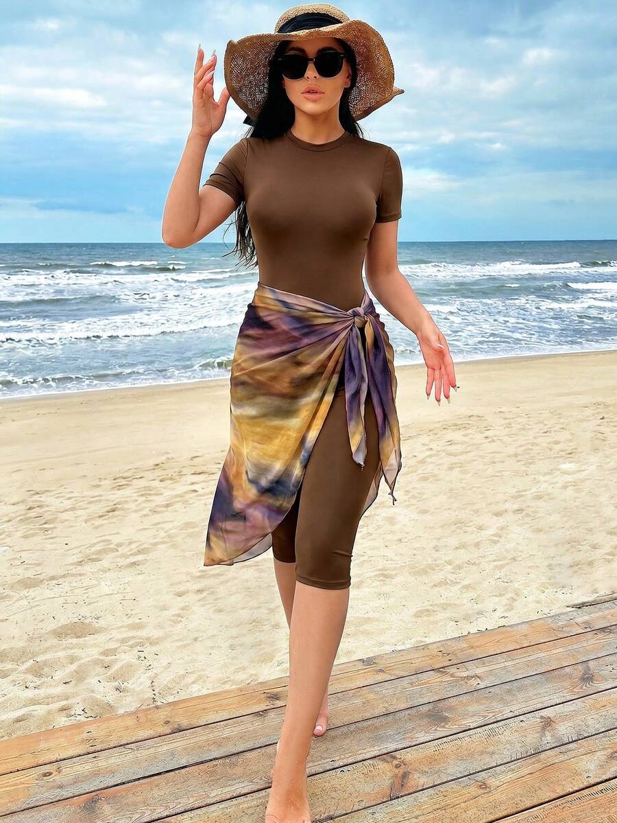 Swim Shayni Women's Round Neck Regular Shoulder Short Sleeve Slim Fit Summer Beach Burkini - Brown - View 1