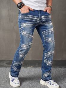 Manfinity Roughcore Quần jean skinny nam denim phong cách hip-hop đính đá, gấu sờn, túi cúc - Màu xanh lam - Xem 3