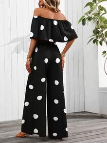 SHEIN Holidaya Women's Spring/Summer New Vacation Casual Off-Shoulder Ruffle Long Pants Two Pieces Set - Black and White - View 2