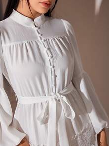 Veilorie Robe arabe élégante pour femmes avec manches lanterne en dentelle contrastée pour les vacances - Blanc - Voir 7