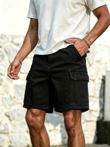 Manfinity Homme 男士夏季休閒翻蓋口袋工裝牛仔短褲 - 黑色 - 查看 6