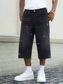 Manfinity EMRG Herren Lässig Gewaschene Jeans mit Strass-Verzierung 3/4 Länge - Schwarz - Übersicht 8