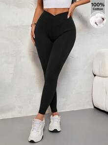 SHEIN PETITE Women's Solid Color V-Waist Elastic Skinny Pants - Black - View 7