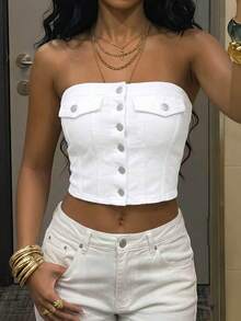 Jeanoix Y2K Women's Denim Crop Top, White Sexy Denim Bandeau, Suitable For Daily, Vacation And Streetwear, Sweet And Sexy Bandeau Top, New Arrival For Summer - White - View 1