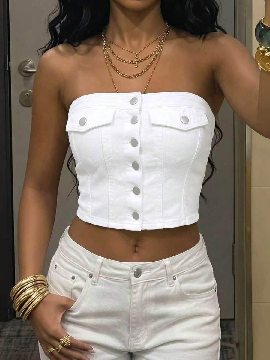 Jeanoix Y2K Women's Denim Crop Top, White Sexy Denim Bandeau, Suitable For Daily, Vacation And Streetwear, Sweet And Sexy Bandeau Top, New Arrival For Summer - White - View 1