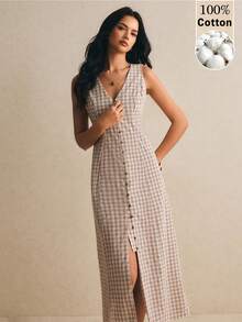 Poéselle 女款格紋單排釦V領無袖休閒洋裝 - 卡其色 - 查看 3