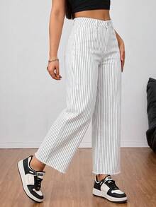 SHEIN Tall 女款極簡線條設計休閒牛仔褲，適合高個女性 - 黑與白 - 查看 3