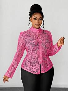 Maweii Plus Size Women's Fashion Lace Button Front Long Sleeve Shirt - Hot Pink - View 3