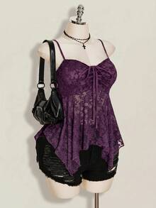 SHEIN ICON Plus Size Women's Lace Lace-Up Ruffle Sexy Versatile Date Night Out Cami Top - Purple - View 6