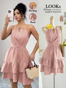 Elenzga Elegant Beaded Halter Tie Shoulder Ruffle Hem Plus Size Dress - Pink - View 1