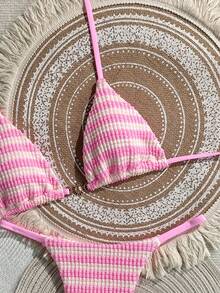 Swim Mod Women's 26 Spring/Summer New Blue & White Striped Textured Fabric Small Sun Metal Decor V-Neck Backless Triangle Wrap Rope Studded Bikini Swimsuit 2-Piece Set - Pink - View 4