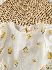 SHEIN 1pc Baby Kid Girl Cute Chic Boho Floral Soft Thin Mini Bow Back Puff A-Line Sun Dress Gown Set Wear Party Bday Trip Gift Day Cool Spr Sum Fall New Fun - Yellow - View 4