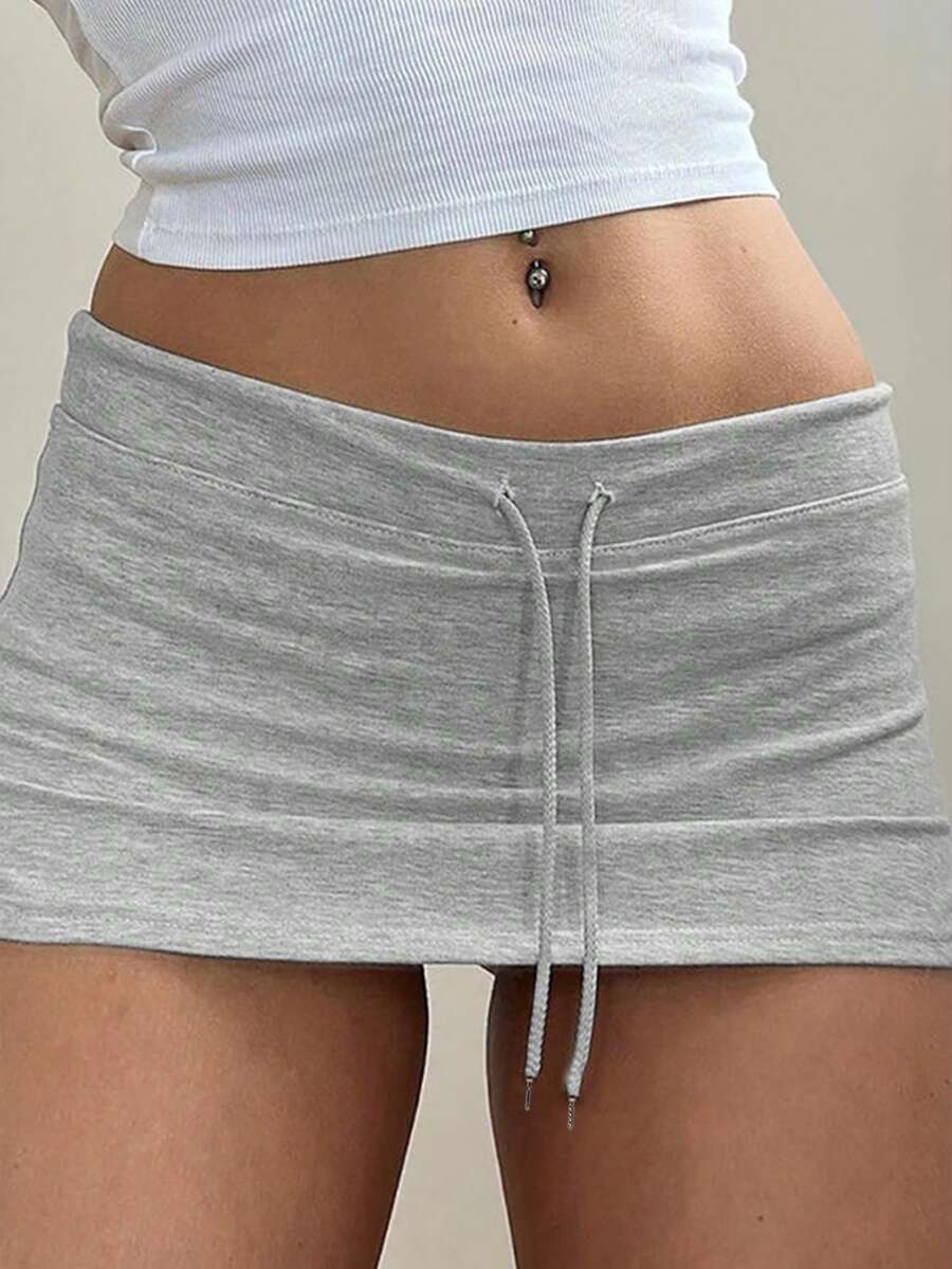 INAWLY Solva Women's Basic Drawstring Low Waist Mini Skort, For Country Concert - Grey - View 1