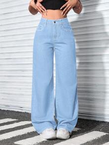 SHEIN ICON 大尺碼女款休閒寬鬆牛仔長褲 - 藍色 - 查看 1