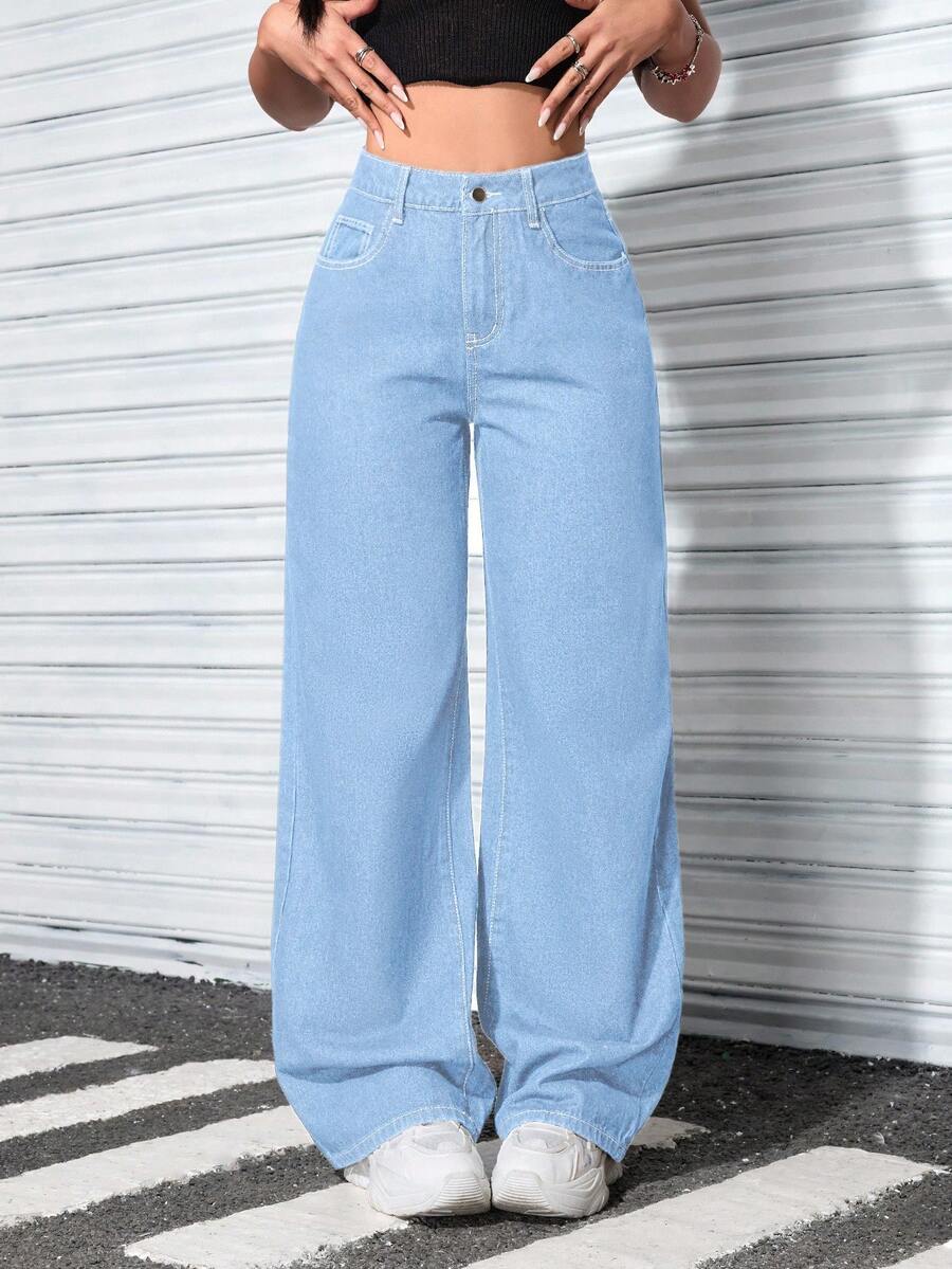 SHEIN ICON 大尺碼女款休閒寬鬆牛仔長褲 - 藍色 - 查看 1