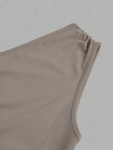SHEIN EZwear 卡其色针织不对称领口褶皱鱼尾长裙，女士春夏款 - 卡其色 - 查看 3