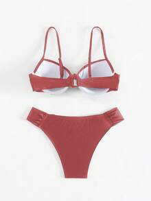 Swim Lushoire 女款黑色性感墊胸鋼圈肩帶抓皺上衣與比基尼泳褲兩件式比基尼套裝，夏季海灘穿搭女裝 - 紅木色 - 查看 3