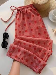 SHEIN EZwear Plus Size Women Casual Plaid & Floral Print Drawstring Waist Pocket Long Pants - Red - View 1
