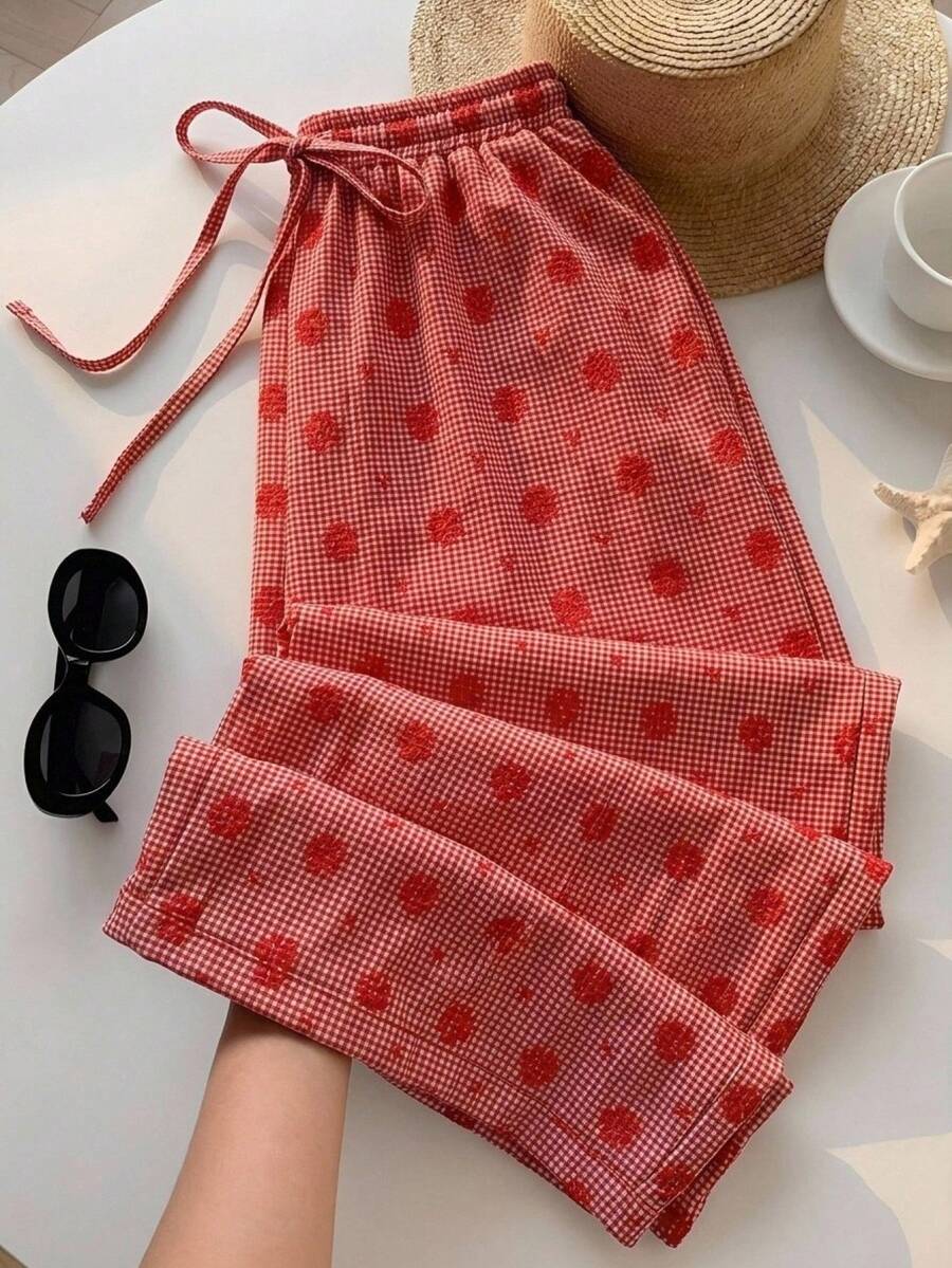 SHEIN EZwear Plus Size Women Casual Plaid & Floral Print Drawstring Waist Pocket Long Pants - Red - View 1