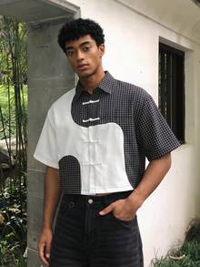 SWAVVY 男士格紋拼接短袖鈕扣休閒襯衫，派對穿搭 - 棕色 - 查看 7