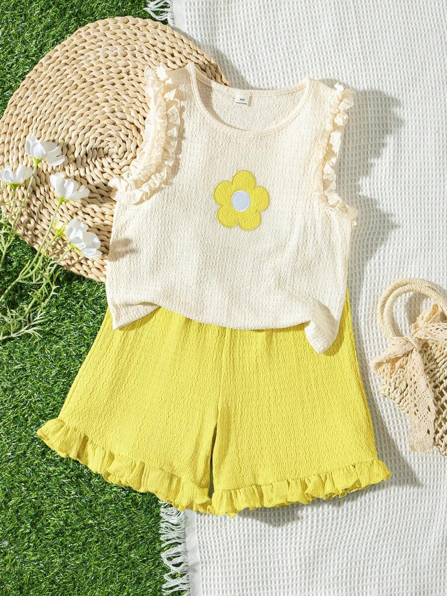 Girls'Cute Floral Embroidery Ruffle Hem Vest And Shorts 2 Pieces Set,Textured Fabric,Beige,Butteryellow Summer Beach Vacation Daily Outfits - Multicolor - View 1