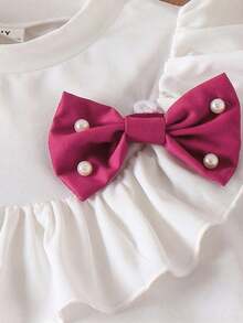 Elladie kids Young Girls Ivory Knit Short Sleeve Ruffle Bow T-Shirt & Pleated Beaded Half Skirt 2-Piece Set,7th Birthday Summer Casual Outfit For Toddler Girls - Hot Pink - View 4