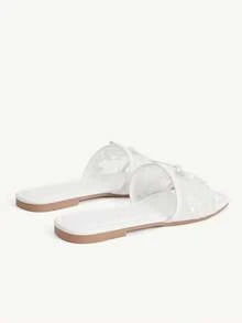 CUCCOO CHICEST White Square Toe Lace Bow Sandals, Mesh Yarn, Daily Commuting Versatile Drag Summer - White - View 5